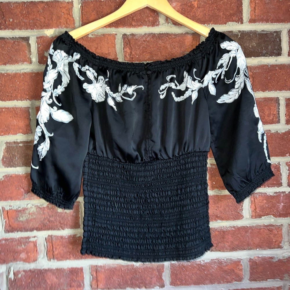 White House Black Market black, white,silver silk embroidered cinch waist top